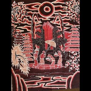 Batik signed painting village life depicted w/ volcano, temple, offerings. Ubud